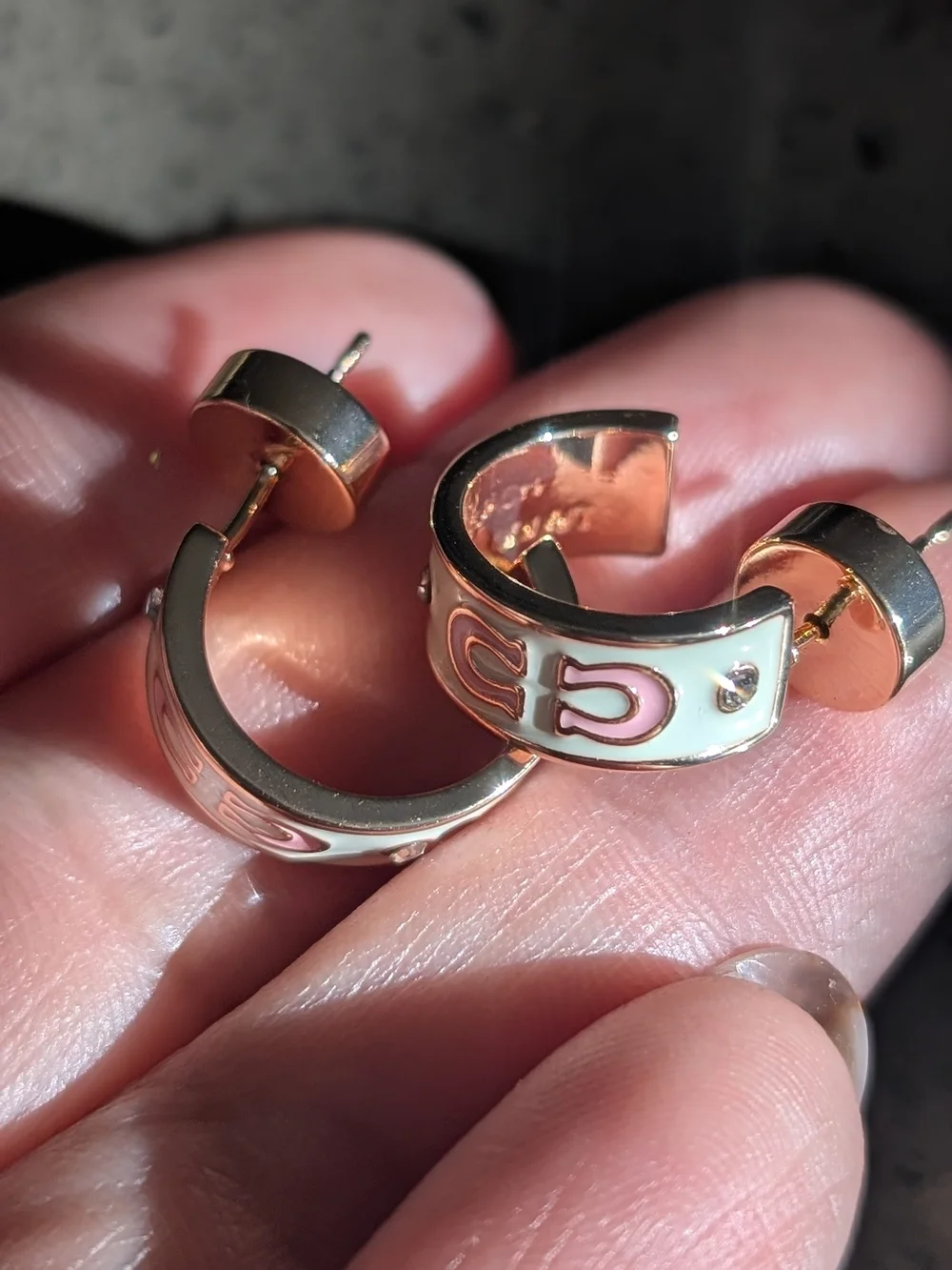 Coach Pink and White Enamel Hoop Earrings with Crystal Accent Nwot - Picture 6 of 7